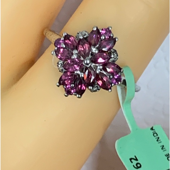 Vintage Sterling Silver Signed STS Flower Rhodolite Garnet Ring  sz 9 - Picture 1 of 12